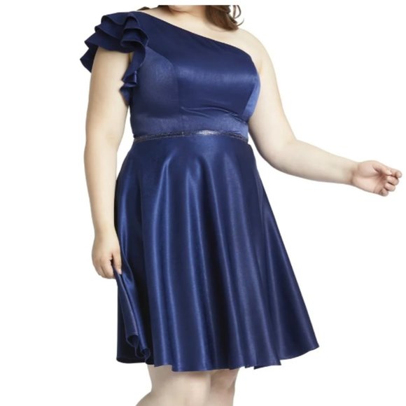 MAC DUGGAL ONE SHOULDER NAVY FIT & FLARE DRESS sz 22W - Picture 1 of 3